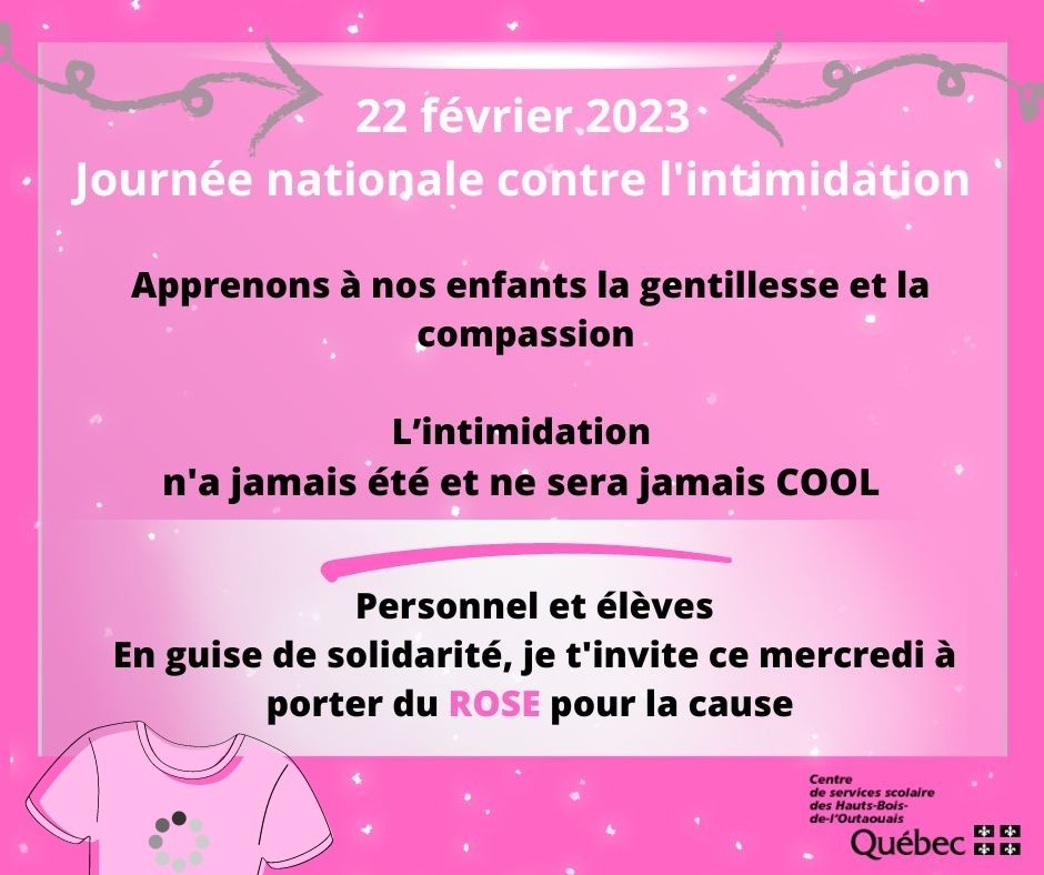 Mercredi 22 février 2023 : Journée nationale contre l’intimidation, aussi appelée « Journée du chandail rose »