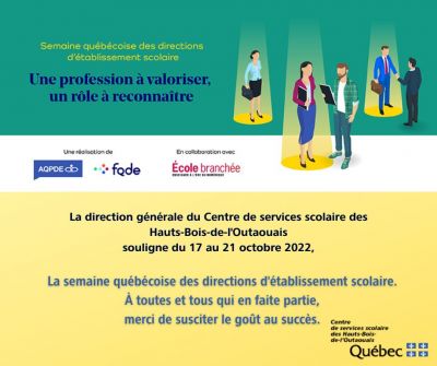 Du 17 au 21 octobre 2022, on souligne la Semaine québécoise des directions d’établissement scolaire