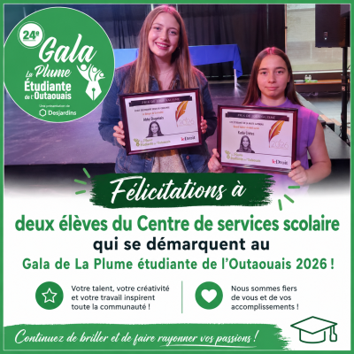 Le talent journalistique de deux élèves du CSSHBO souligné au Gala de La Plume Étudiante de l’Outaouais