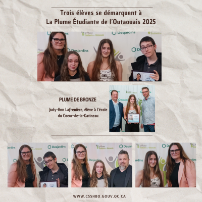 Trois élèves du Centre de services scolaire des Hauts-Bois-de-l’Outaouais se démarquent à La Plume Étudiante de l’Outaouais 2025