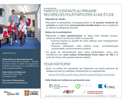 Parents ayant un enfant au primaire recherchés pour participer à une étude