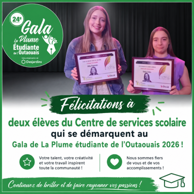 Le talent journalistique de deux élèves du CSSHBO souligné au Gala de La Plume Étudiante de l’Outaouais