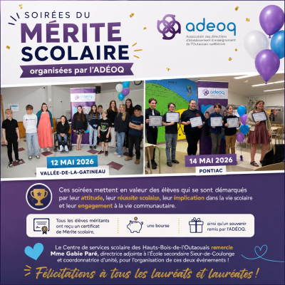 Des élèves de la Vallée-de-la-Gatineau et du Pontiac honorés lors des soirées du Mérite scolaire de l’ADÉOQ