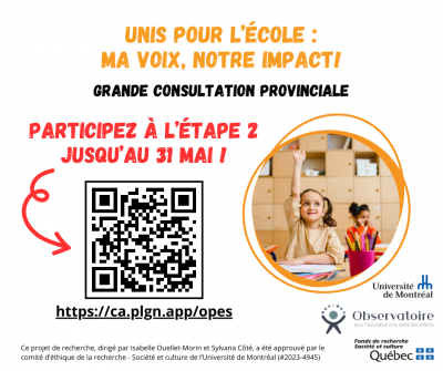Projet de recherche « Unis pour l’École : ma voix, notre impact! » - ÉTAPE 2