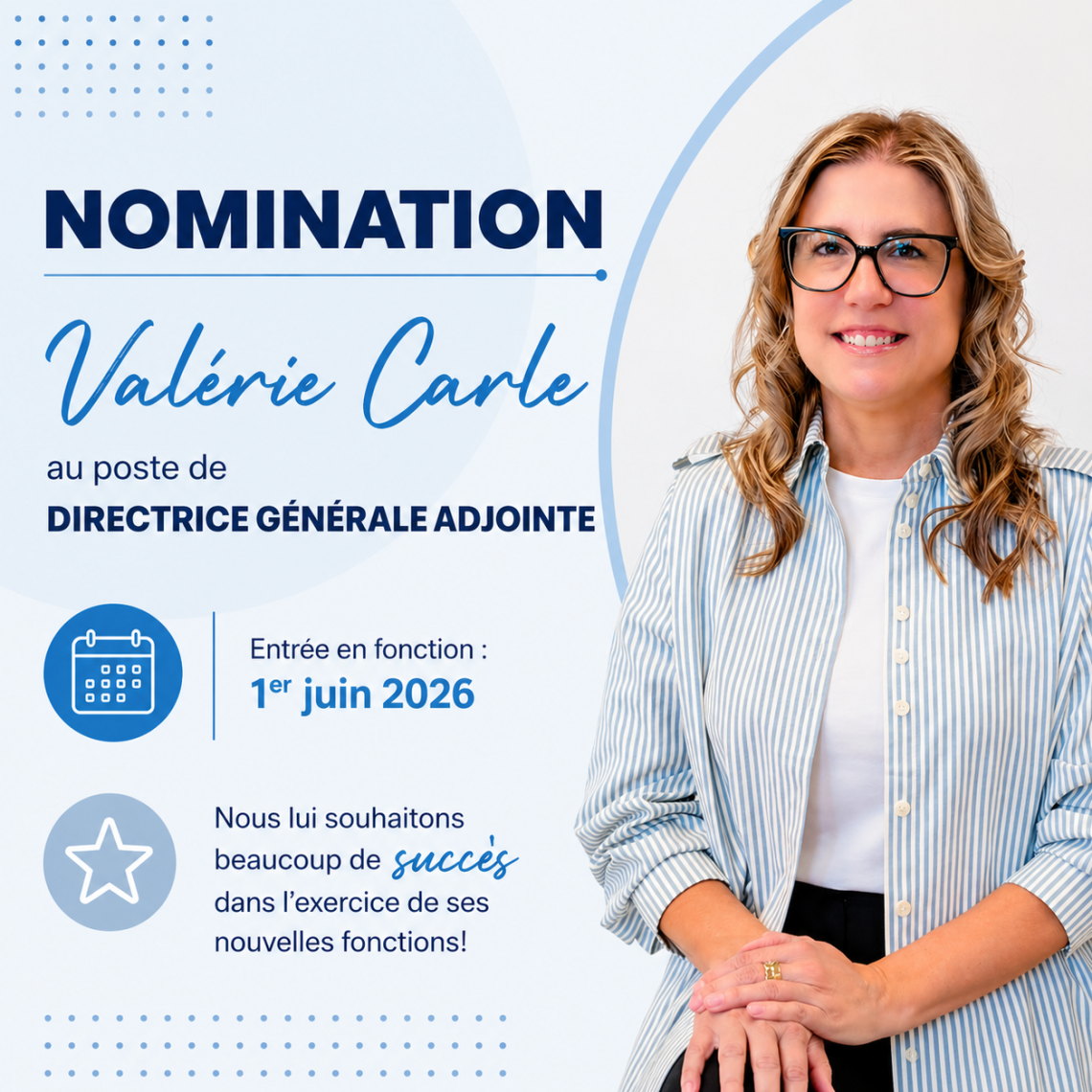 Nomination de Mme Valérie Carle à la direction générale adjointe au CSSHBO